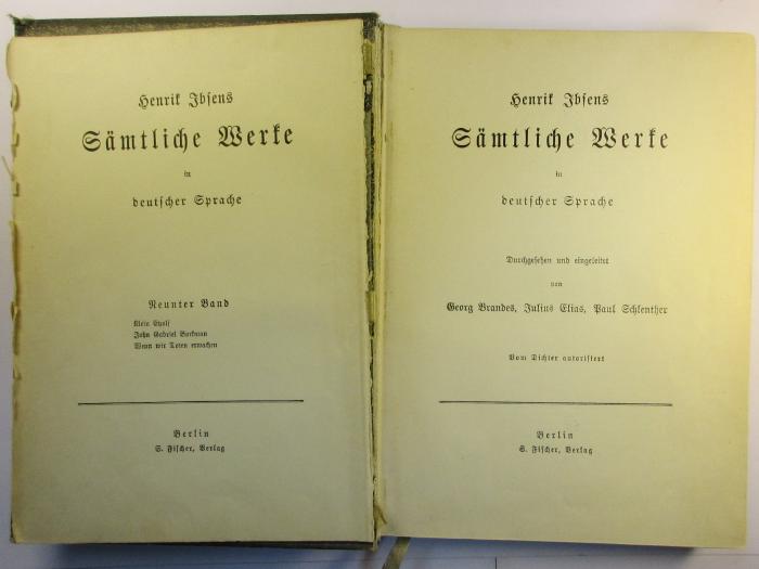 1 Q 11-9 : Henrik Ibsens Sämtliche Werke in deutscher Sprache : 9. Klein Eyolf : John Gabriel Borkmann : Wenn wir Toten erwachen (1903)