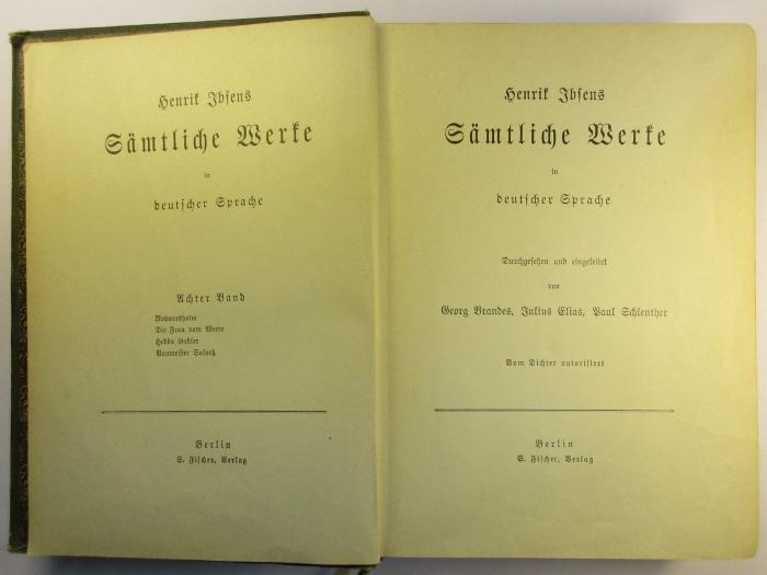 1 Q 11-8 : Henrik Ibsen Sämtliche Werke in deutscher Sprache : 8. Rosmersholm : Die Frau vom Meere : Hedda Gabler : Baumeister Sollnetz ([1902])