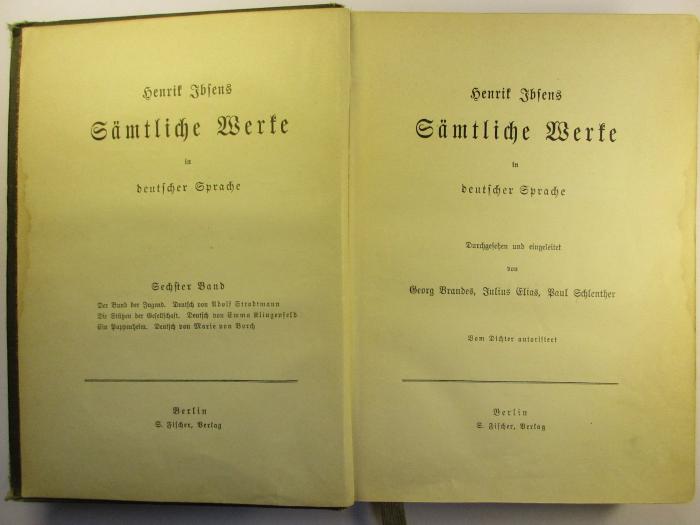 1 Q 11-6 : Henrik Ibsens Sämtliche Werke in deutscher Sprache : 6. Der Bund der Jugend : Die Stütze der Gesellschaft : Ein Puppenheim ([1900])