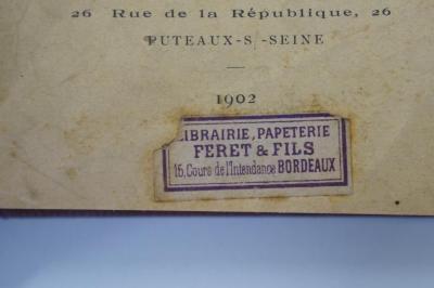 98 021003 : Drumont. Avec portrait et préface de Drumont (1902);- (Feret &amp; Fils), Etikett: Exlibris, Ortsangabe, Buchhändler; 'Librairie, Papeterie
Feret &amp; Fils
15, Cours de l'Intendance Bordeaux'. 