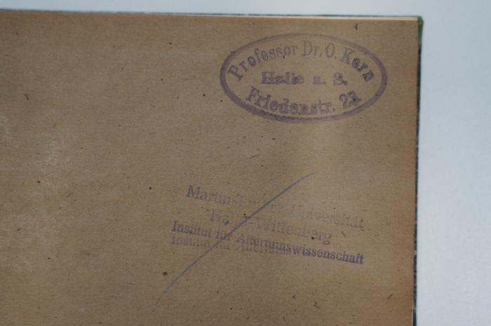 98 044978 : Die kleinen Propheten : übersetzt und erklärt (1898);- (Kern, Otto), Stempel: Name, Ortsangabe; 'Professor Dr. O. Kern
Halle a.S.
Friedenstr. 23'. 
