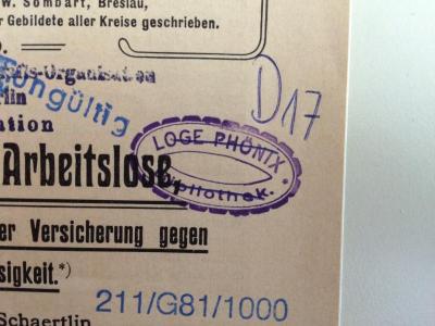 SA 480  : Fürsorge für Arbeitslose, besonders die Frage einer Versicherung gegen Arbeitslosigkeit. (1904);- (Freimaurer Johannisloge zum Todtenkopf und Phönix), Stempel: Name; 'Loge PHÖNIX Bibliothek'. 