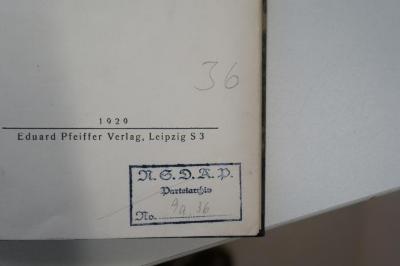 02A.000014 : Der Talmud : seine Entstehung, sein Wesen, sein Inhalt ; unter besonderer Berücksichtigung seiner Bedeutung für die neutestamentliche Wissenschaft (1929);- (Nationalsozialistische Deutsche Arbeiterpartei. Parteiarchiv), Stempel: Name, Berufsangabe/Titel/Branche; 'N.S.D.A.P.
Parteiarchiv
No.'. ;- (Nationalsozialistische Deutsche Arbeiterpartei. Parteiarchiv), Von Hand: Nummer; '36'. 