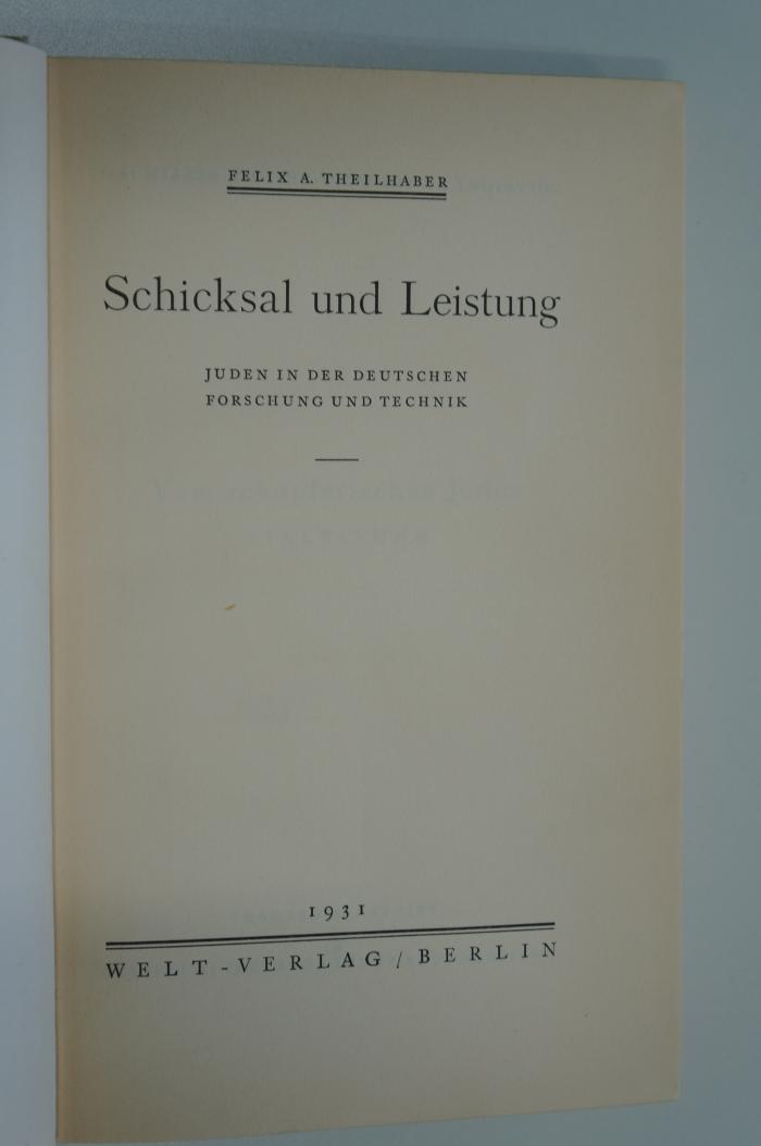 02A.000562 : Schicksal und Leistung : Juden in der deutschen Forschung und Technik (1931)