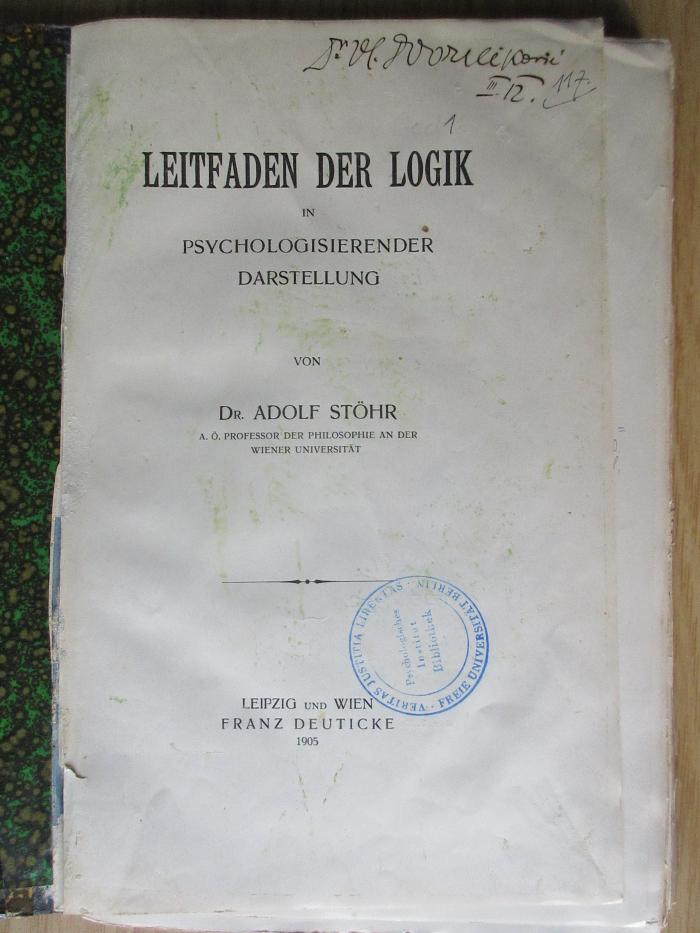 CC 2400 S871 : Leitfaden der Logik in psychologisierender Darstellung (1903)