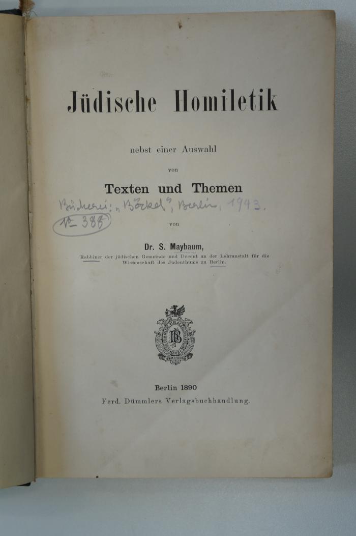 02A.000860 : Jüdische Homiletik nebst einer Auswahl von Texten und Themen (1890)