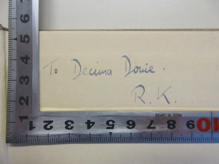 FH 28715 P2K65 : The continuity of the platonic tradition during the middle ages : outlines of a corpus platonicum medii aevi (1939);- (Douie, Decima), Von Hand: Widmung; 'To Decima Douie.
R.K.'. 