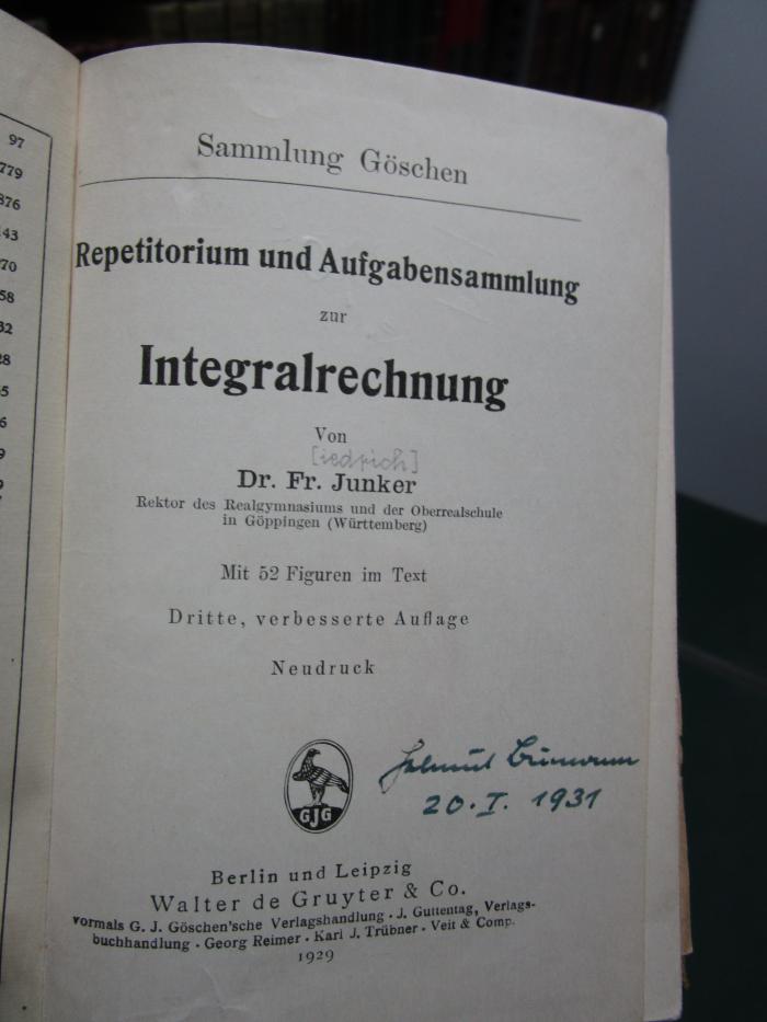 IX 370 c 1929: Repetitorium und Aufgabensammlung zur Integralrechnung (1929)