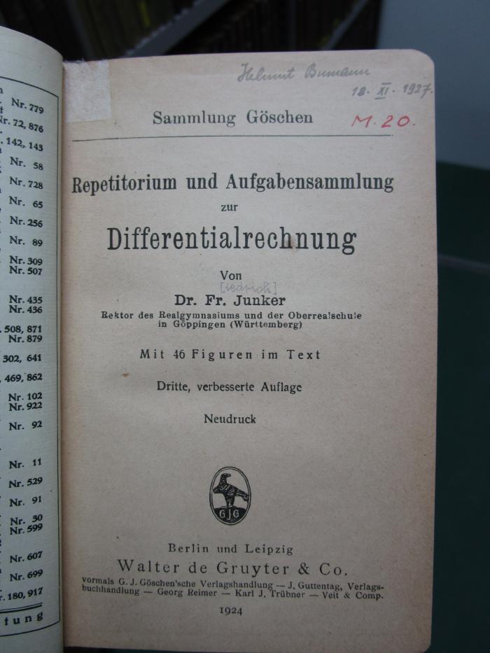 IX 365 c 1924: Repetitorium und Aufgabensammlung zur Differentialrechnung (1924)
