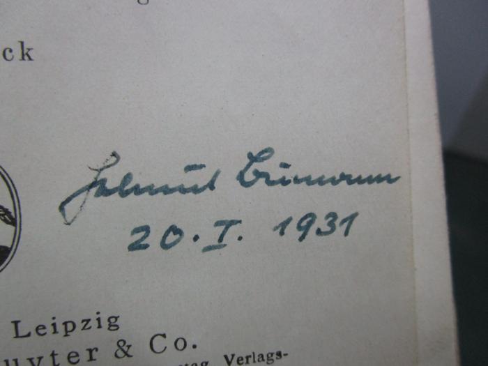 IX 370 c 1929: Repetitorium und Aufgabensammlung zur Integralrechnung (1929);- (Bumann, Helmut), Von Hand: Autogramm, Name, Datum; 'Helmut Bumann
20.I.1931'. 