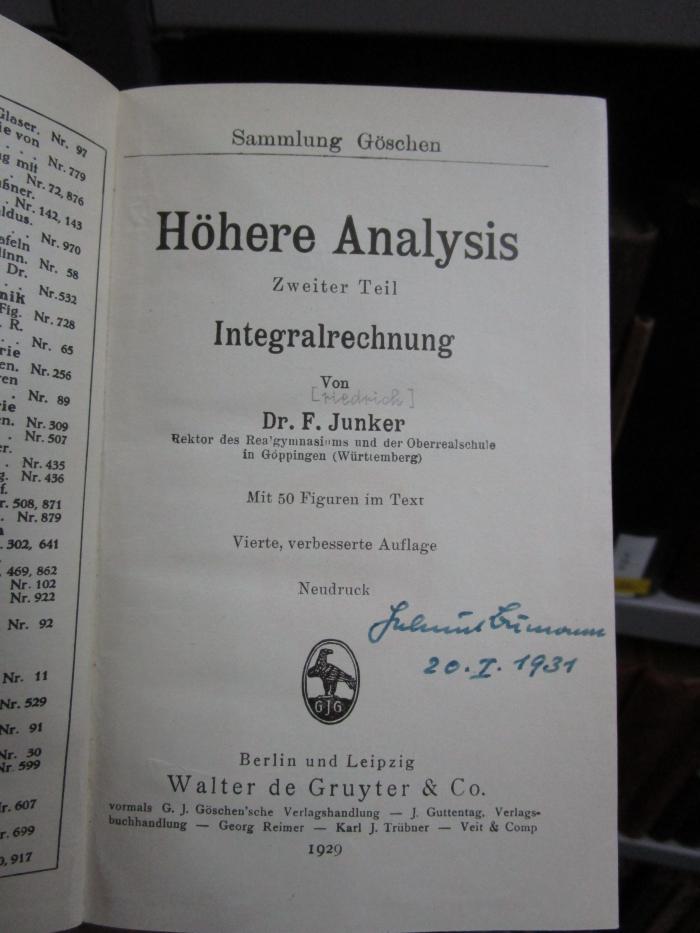 IX 346 d 2 1929: Höhere Analysis : Zweiter Teil: Integralrechnung (1929)
