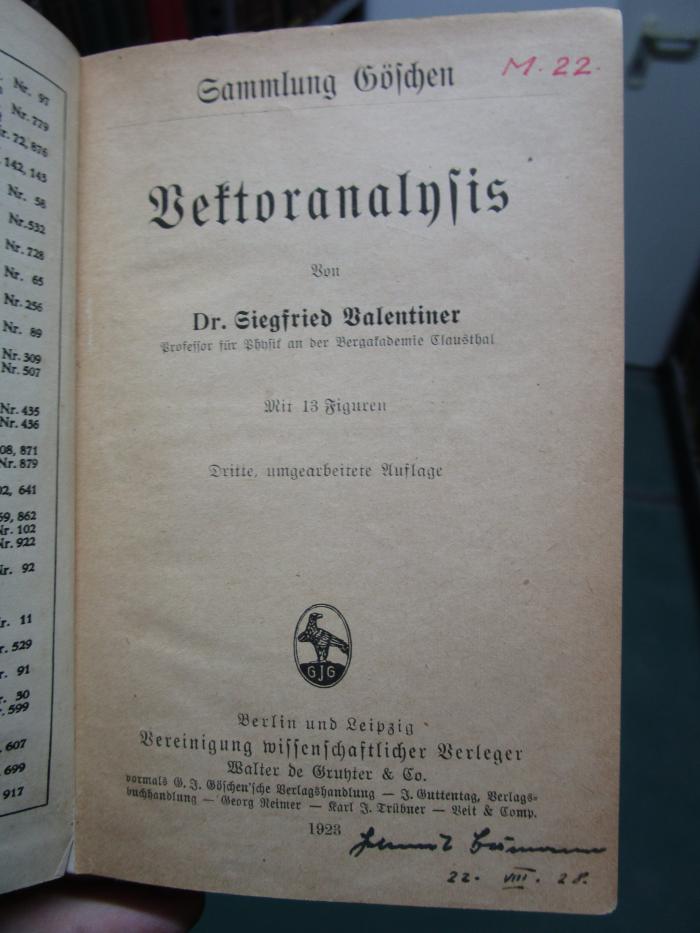 IX 608 c 2. Ex.: Vektoranalysis (1923)