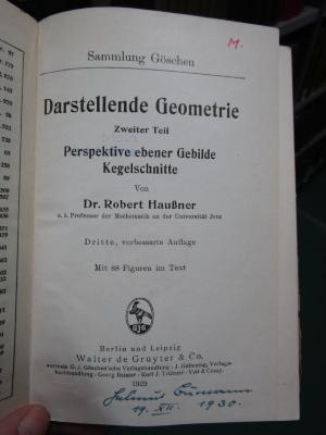 IX 523 c 1929 2: Darstellende Geometrie : Zweiter Teil: Perspektive ebener Gebilde, Kegelschnitte (1929)