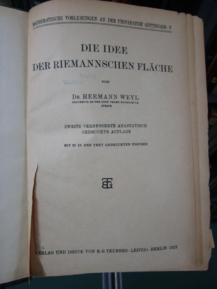 Ic 305 b: Die Idee der Riemannschen Fläche (1923)