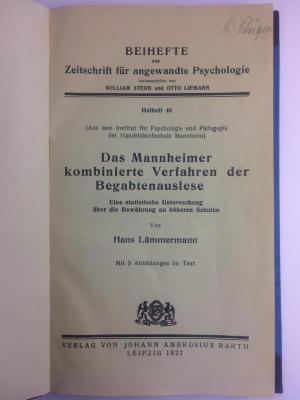Päd 2c25 lae ausgesondert : Das Mannheimer kombinierte Verfahren der Begabtenauslese (1927)