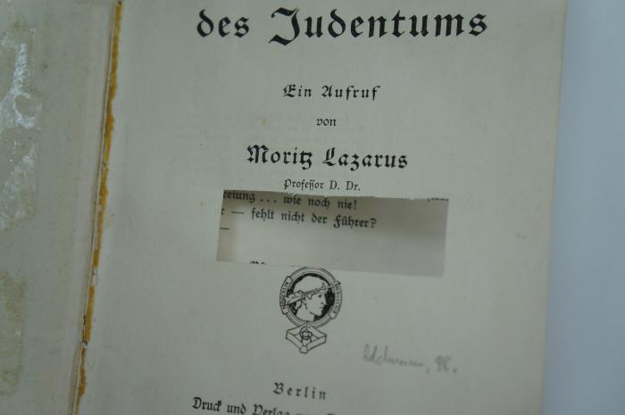 02A.001527 : Die Erneuerung des Judentums. Ein Aufruf (1909);- (unbekannt), Ausschnitt: Autogramm. 