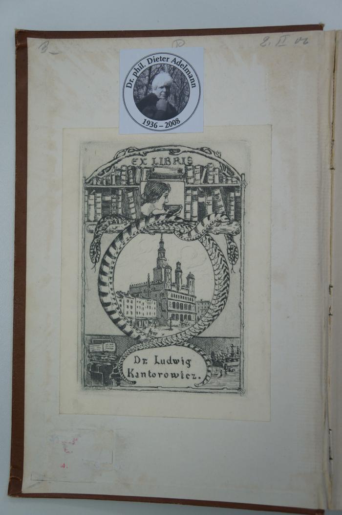 02A.001273 : Über Juden und Judentum. Vorträge und Aufsätze (1906);- (Kantorowicz, Ludwig), Etikett: Exlibris, Name, Abbildung; 'Ex Libris
Dr. Ludwig Kantorowicz.'. 