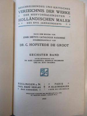 VII 2675-6 : Beschreibendes und kritisches Verzeichnis der Werke der hervorragendsten holländischen Maler des XVII. Jahrhunderts : 6. Rembrandt, Nicolaes Maes  (1915)
