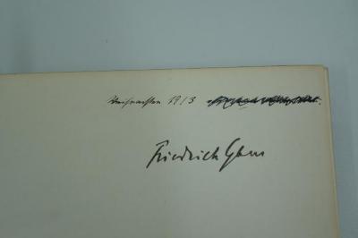 02A.001493 : Kants Begründung der Ethik : nebst ihrer Anwendungen auf Recht, Religion und Geschichte  (1910);- (unbekannt;Gans, Friedrich), Durchgestrichen: Name, Datum; 'Weihnachten 1913 [...]'. ;- (Gans, Friedrich), Von Hand: Autogramm; 'Friedrich Gans'. 