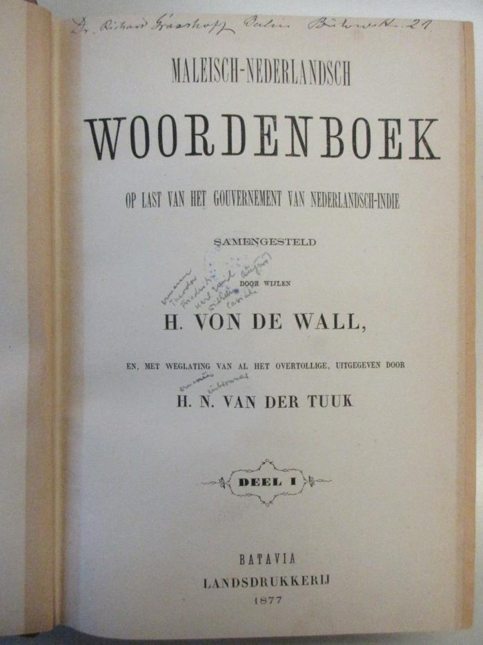 AH 59612 M236 W1-1 : Maleisch-Nederlandsch Woordenbock op last van het Gouvernement van Nederlansch-Indie (1877)