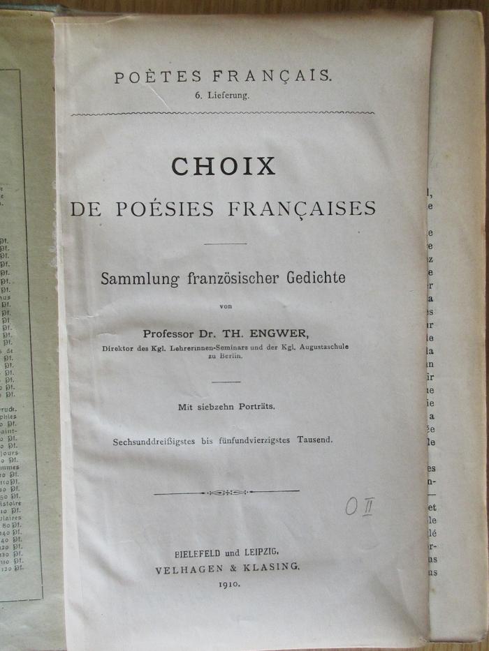PK 0214 CA / 9-1/2 ;(ausgesondert) ; ;: Choix de poésies francaises : Sammlung französicher Gedichte (1910)