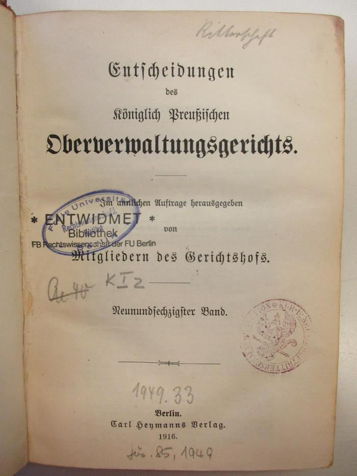 PM 9940-69.1916 : Entscheidungen des königlich preußischen Oberverwaltungsgerichts (1916)