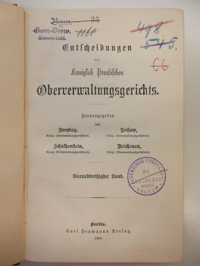 PM 9940-34.1899 : Entscheidungen des königlichen preußischen Oberverwaltungsgerichts (1899)