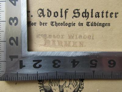 GB M 7374 : Wird der Jude über uns siegen? Ein Wort für die Weihnachtszeit (1935);- (Wiebel, Bernhard), Stempel: Name, Berufsangabe/Titel/Branche, Ortsangabe; 'Pastor Wiebel
Barmen'. 