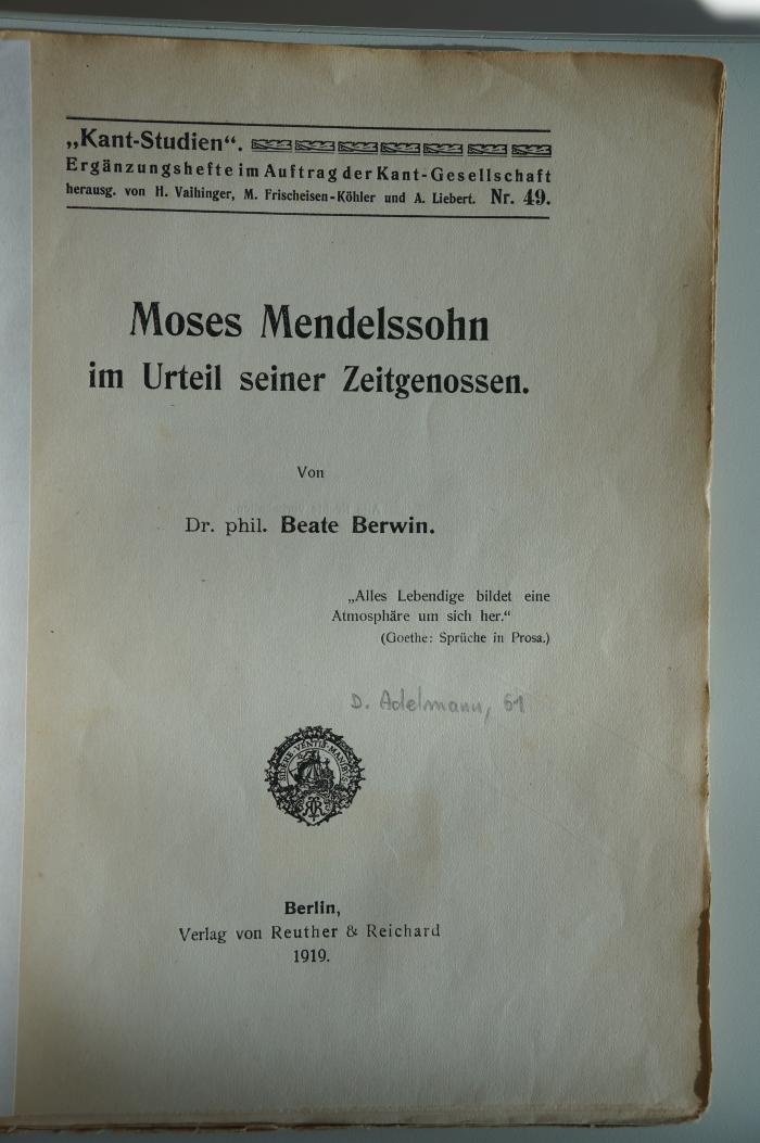 02A.003353 : Moses Mendelssohn im Urteil seiner Zeitgenossen. (1919)