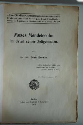 02A.003353 : Moses Mendelssohn im Urteil seiner Zeitgenossen. (1919)