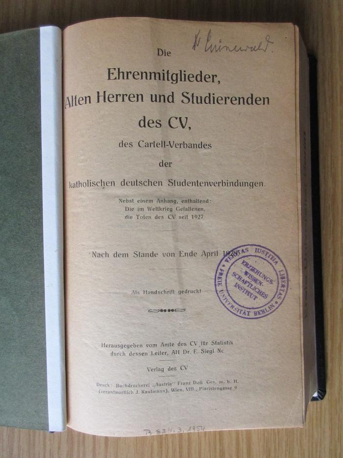 AL 48700 E88-1929 : Die Ehrenmitglieder, Alten Herren und Studierenden des CV, des Cartell-Verbandes der katholischen deutschen Studentenverbindungen (1929)
