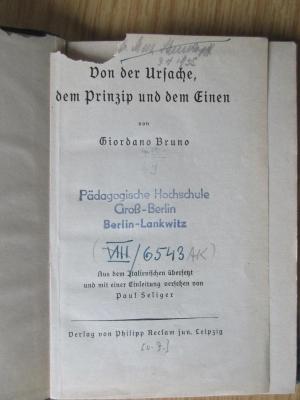 CE 6004 D278D.1909 : Von der Ursache, dem Prinzip und dem Einen (1909)
