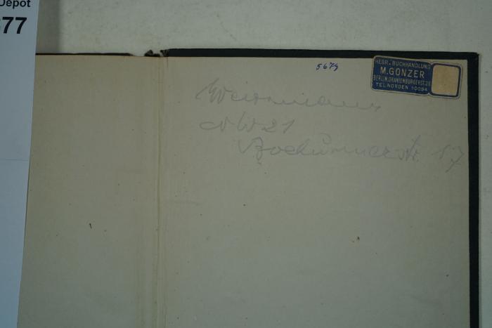 -, Etikett: Buchhändler, Ortsangabe, Name; 'Hebr. Buchhandlung M. Gonzer
Berlin Oranienburgerstr. 26
Tel. Norden 10094'