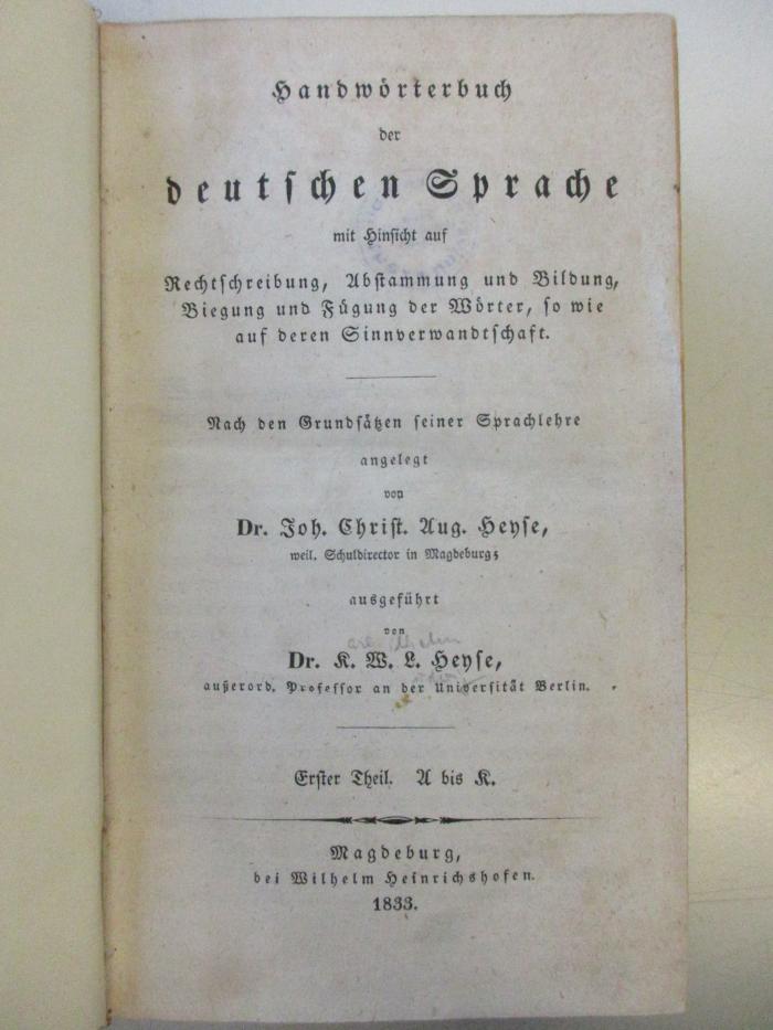 AH 11005 H621-1 : Handwörterbuch
der 
Deutschen Sprache (1833)