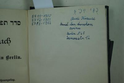 - (Krause, Rudi), Von Hand: Autogramm, Ortsangabe, Name; '5711-1950
5712-1951
5713-1952
כדי קכיז
Rudi Krause
Dovid ben Awrohom, owinu
Berlin N 65
Samoastr. 12'. 