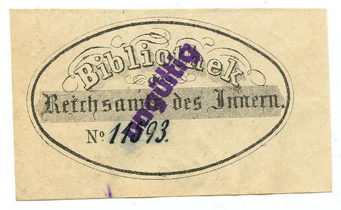 Exlibris-Nr. 534;- (Deutsches Reich. Reichsministerium des Innern), Von Hand: Exemplarnummer; '11593.'. 