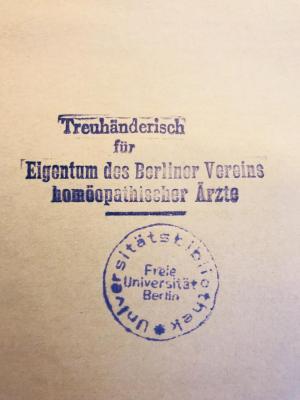 4  RH 278 : Bäder Almanach  (1930);- (Berliner Verein homöopathischer Ärzte;Deutscher Zentralverein homöopathischer Ärzte (DZVhÄ)), Stempel: Name; 'Treuhänderisch für Eigentum des Berliner Vereins homöopatischer Ärzte'. 