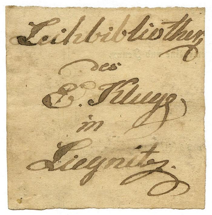 Exlibris-Nr. 540;- (Leihbibliothek E. Kluge (Liegnitz)), Etikett: Exlibris, Berufsangabe/Titel/Branche, Name, Ortsangabe; 'Leihbibliothek des E. Kluge in Liegnitz'.  (Prototyp)