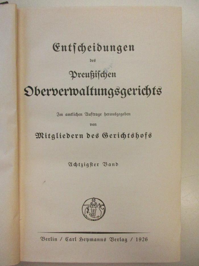 PM 9940-80.1926 : Entscheidungen des Preußischen Oberverwaltungsgerichts (1926)