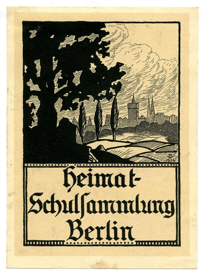 Exlibris-Nr. 539;- (Heimat-Schulsammlung Berlin), Etikett: Exlibris, Berufsangabe/Titel/Branche, Name, Ortsangabe, Initiale, Datum, Abbildung; 'Heimat-Schulsammlung Berlin
RW 1924'.  (Prototyp)