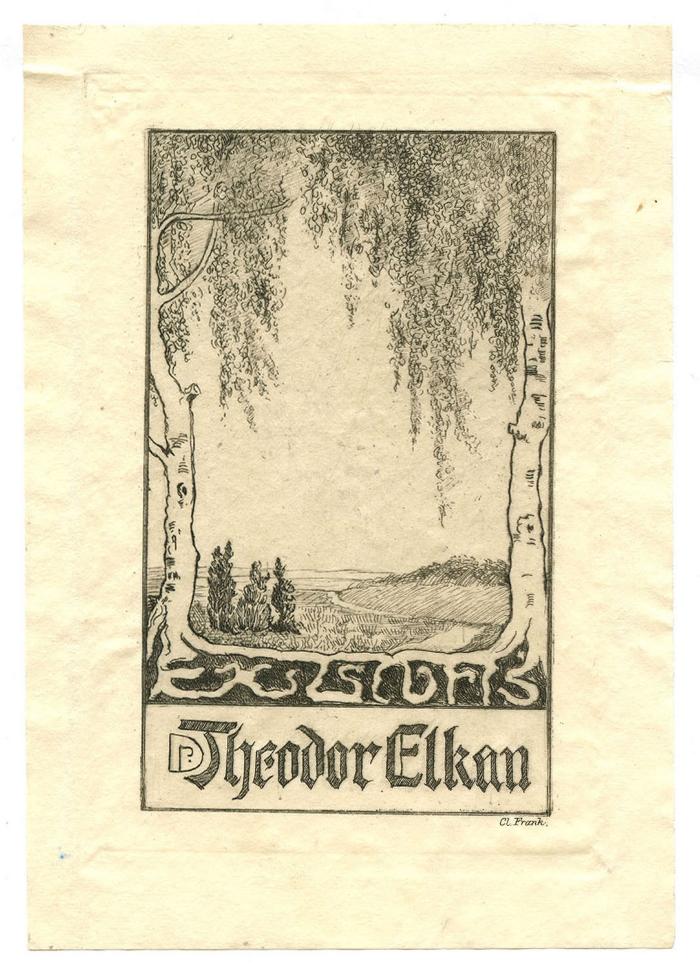 Exlibris-Nr. 637;- (Elkan, Theodor), Etikett: Exlibris, Berufsangabe/Titel/Branche, Name, Abbildung; 'Ex Libris Dr. Theodor Elkan
Cl. Frank.'.  (Prototyp)