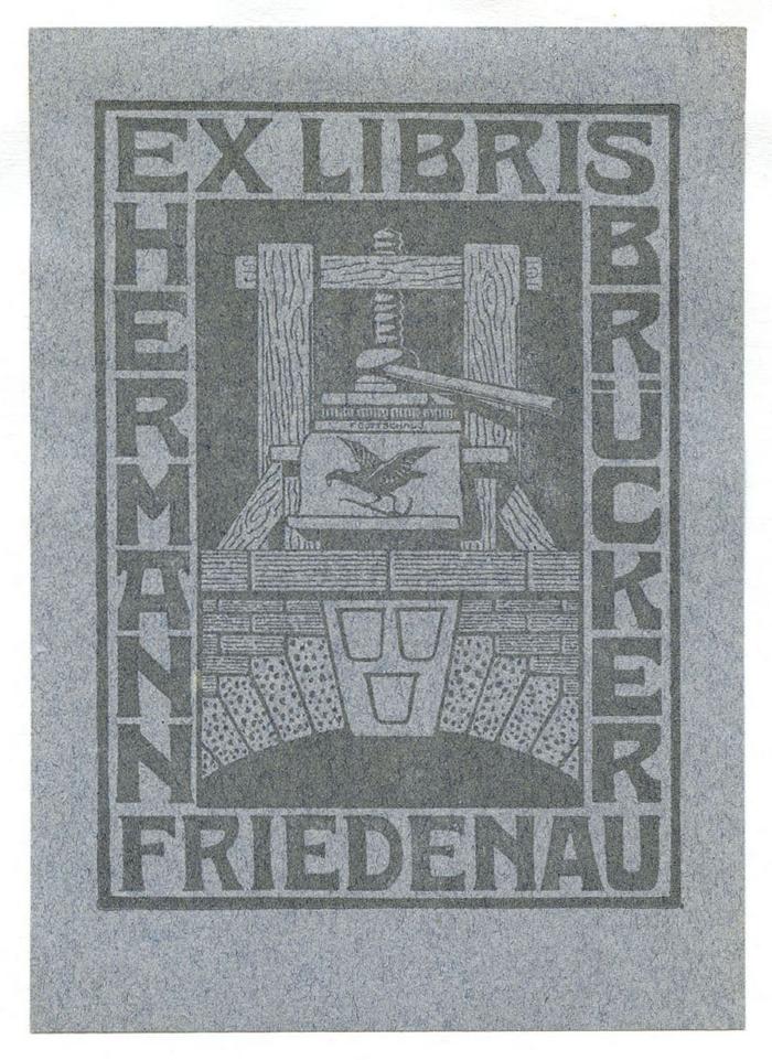 Exlibris-Nr. 615;- (Brücker, Hermann), Etikett: Exlibris, Name, Ortsangabe, Abbildung; 'Exlibris Hermann Brücker Friedenau
F Gottschalg'.  (Prototyp)