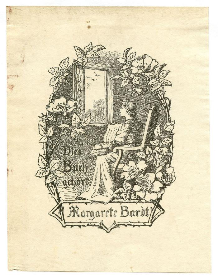 Exlibris-Nr. 602;- (Bardt, Margarete), Etikett: Exlibris, Name, Abbildung; 'Dies Buch gehört Margarete Bardt'.  (Prototyp)