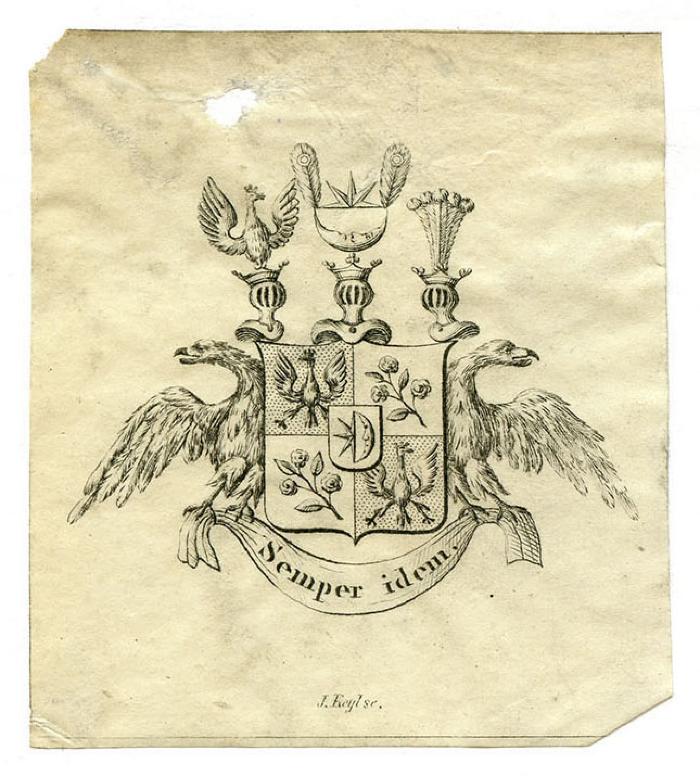 Exlibris-Nr. 587;- (unbekannt), Etikett: Exlibris, Wappen, Name, Motto; 'semper idem.
J. Keylse.'.  (Prototyp)