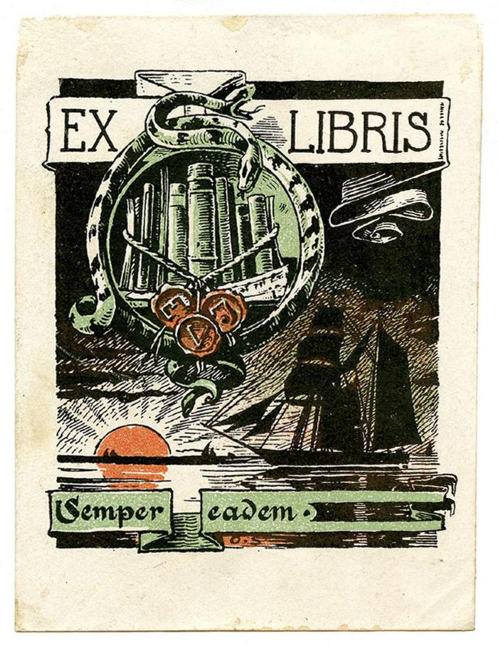 Exlibris-Nr. 595;- (J., E. V.), Etikett: Motto, Initiale, Abbildung; 'Ex Libris
E V J
Semper Eadem.
O.S'.  (Prototyp)