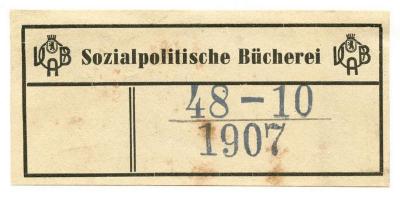 Exlibris-Nr. 577;- (Versicherungsanstalt Berlin. Bücherei), Stempel: Signatur, Inventar-/ Zugangsnummer; '48-10 / 1907'. 