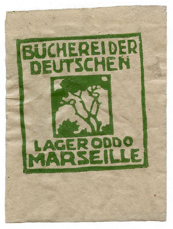 Exlibris-Nr. 554;- (Bücherei der Deutschen (Lager Oddo, Marseille)), Etikett: Name, Ortsangabe, Abbildung; 'Bücherei der Deutschen
Lager Oddo
Marseille'.  (Prototyp)
