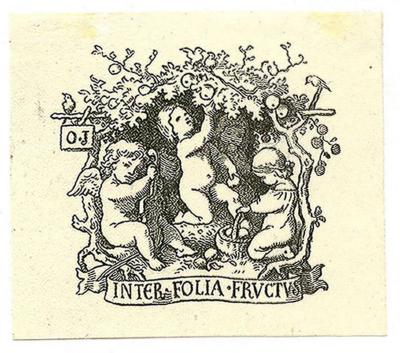 - (Jahn, Otto (Exlibris)), Etikett: Exlibris, Initiale, Motto, Abbildung; 'O J
Inter Folia Fructus'.  (Prototyp);Exlibris-Nr. 576