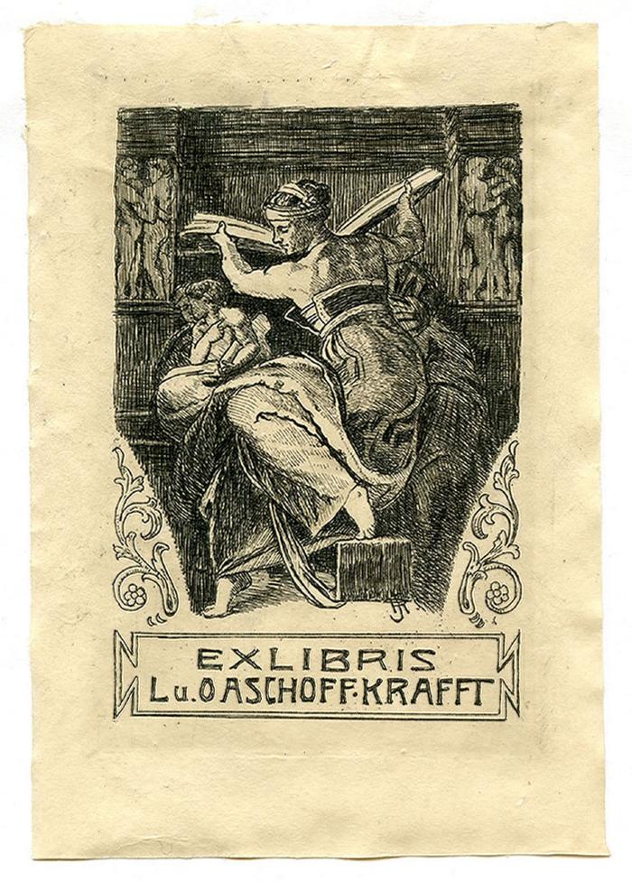 Exlibris-Nr. 599;- (Aschoff-Krafft, L.;Aschoff-Krafft, O.), Etikett: Exlibris, Name, Abbildung; 'Exlibris L u. O Aschoff-Krafft'.  (Prototyp)