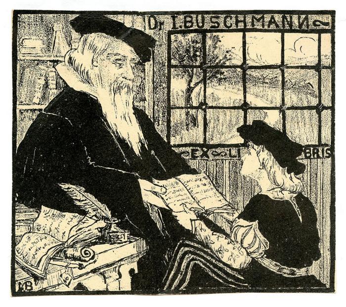 Exlibris-Nr. 622;- (Buschmann, I.), Etikett: Exlibris, Name, Berufsangabe/Titel/Branche, Abbildung; 'Dr I. Buschmann
Ex Libris'.  (Prototyp)